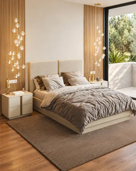 Cama Soho com cabeceira de dois painéis em ambiente