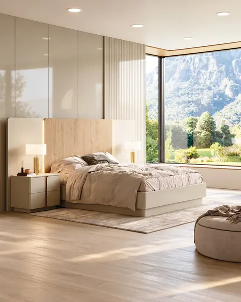 Cama Soho com cabeceira em madeira em ambiente