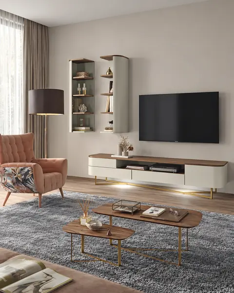 Móvel TV Amora 220 com três gavetas em ambiente