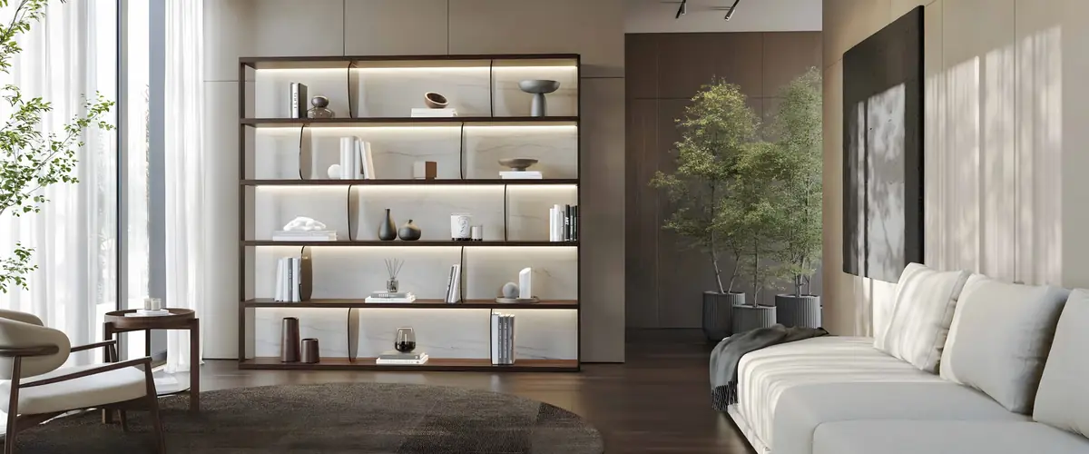 Sala de estar Colline com estante, descubra as peças do ambiente
