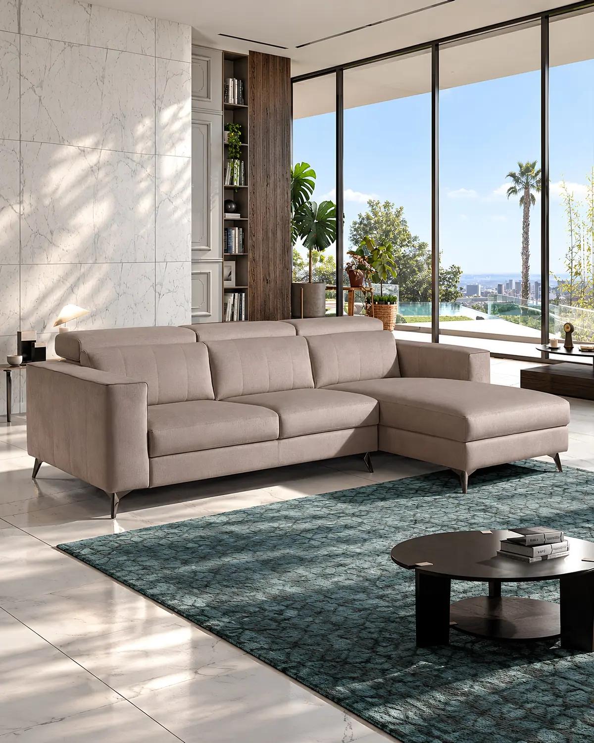 Sofá Divani com chaise longue em ambiente