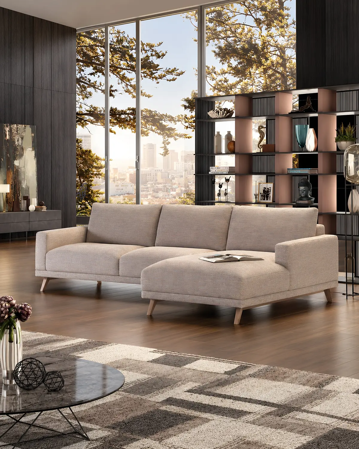 Sofá Marvin com chaise longue em ambiente