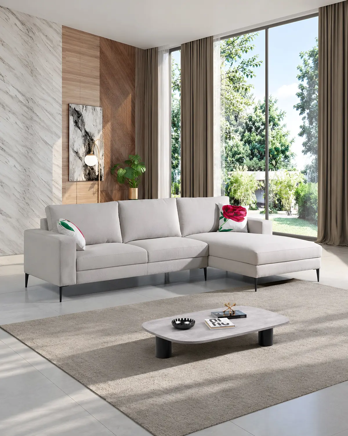 Sofá Nórdico com chaise longue em ambiente