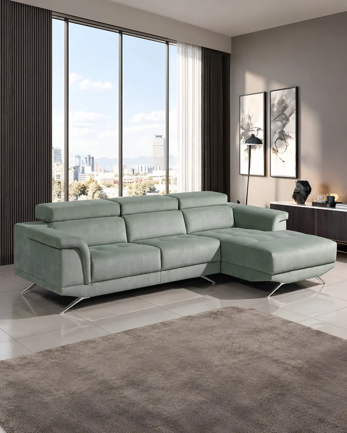 Sofá Valentino com chaise longue em ambiente